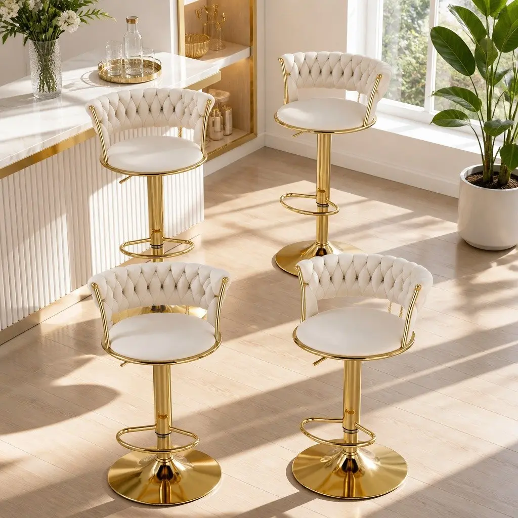Adjustable Height Velvet Bar Stools 4 Piece Set with Hand-Woven Backrest and Swivel Functionality in Beige