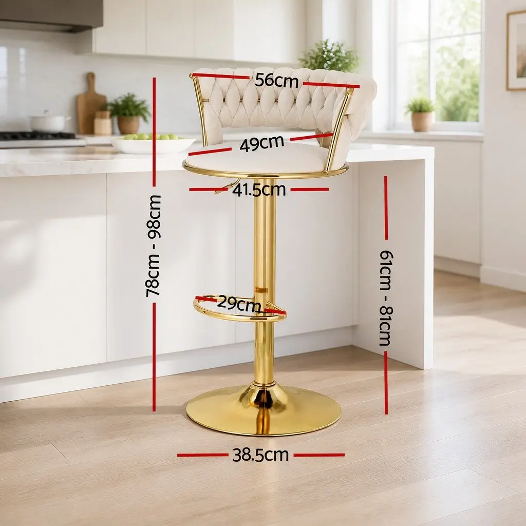 Bar Stools Hand-Woven Backrest Velvet Adjustable Height Ivory