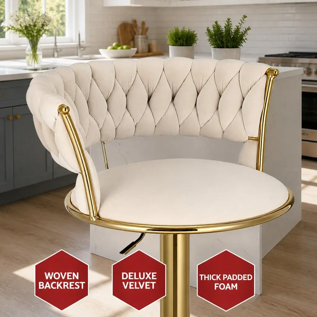 Bar Stools Hand-Woven Backrest Velvet Adjustable Height Ivory