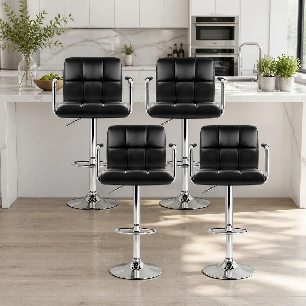 Bar Stools Set of 4 Gas Lift Swivel Armrest Black Faux Leather Kitchen Dining