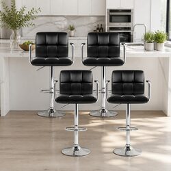 Bar Stools Set of 4 Gas Lift Swivel Armrest Black Faux Leather Kitchen Dining