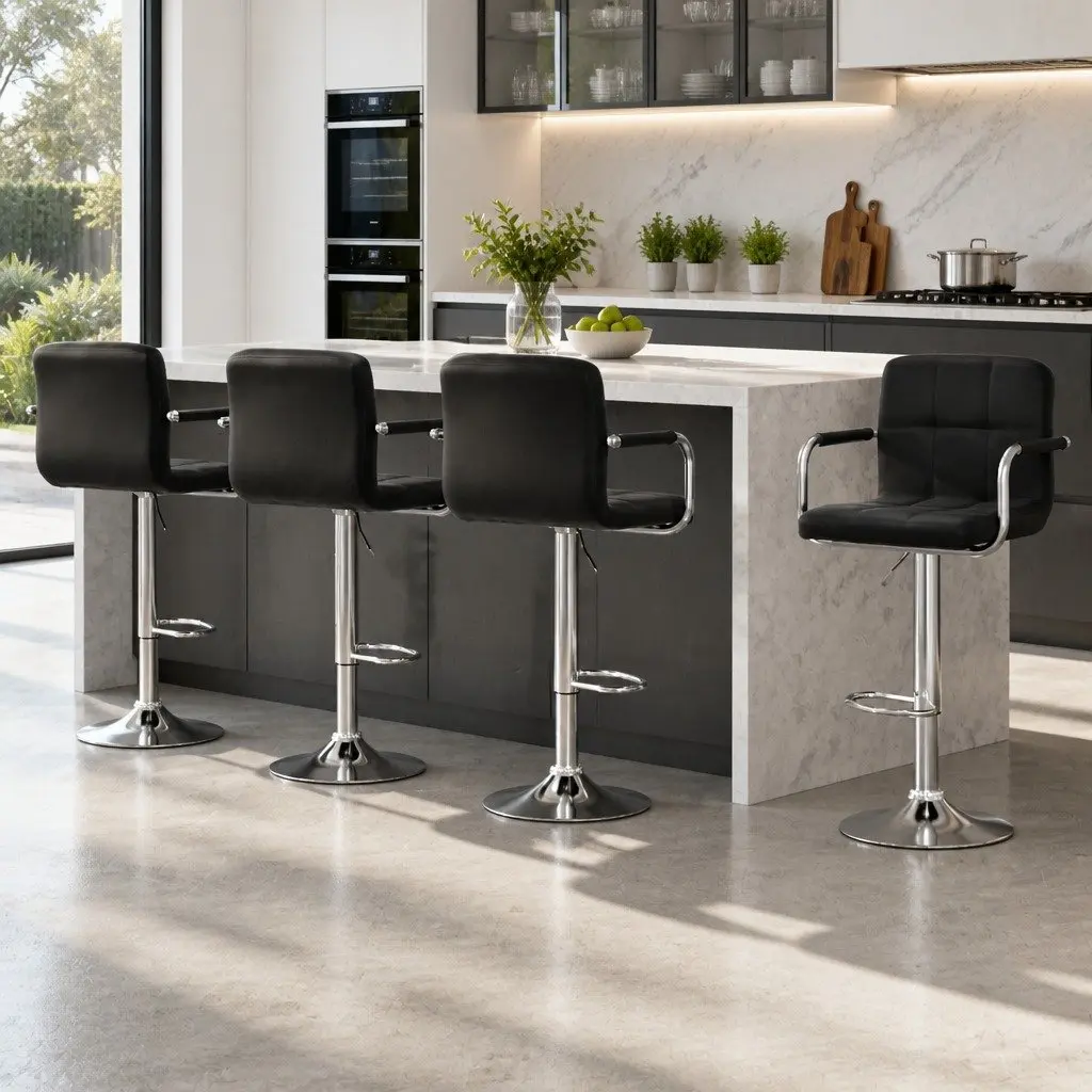 Bar Stools Set of 4 Gas Lift Swivel Armrest Black Faux Leather Kitchen Dining