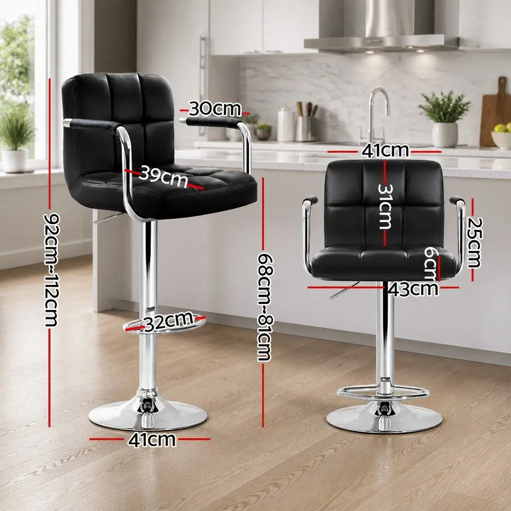 Bar Stools Set of 4 Gas Lift Swivel Armrest Black Faux Leather Kitchen Dining