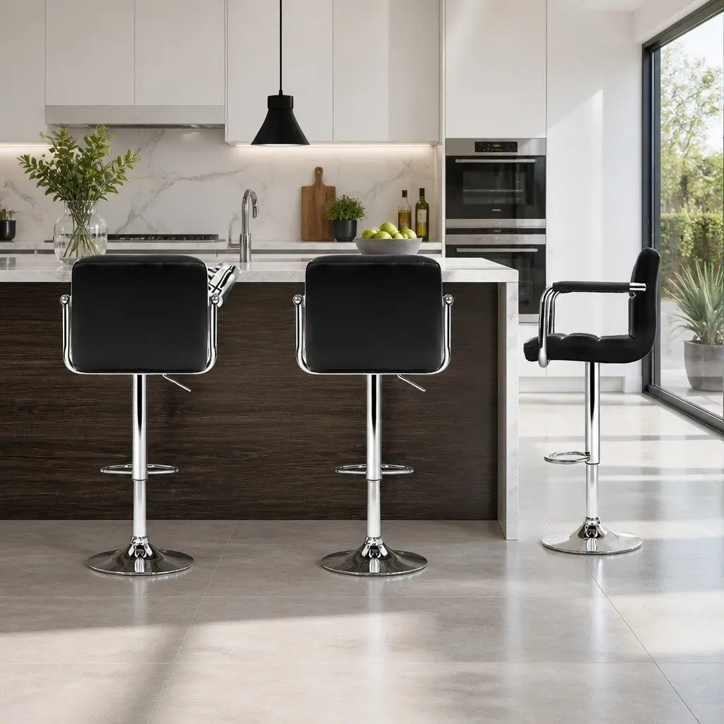 Bar Stools Set of 4 Gas Lift Swivel Armrest Black Faux Leather Kitchen Dining