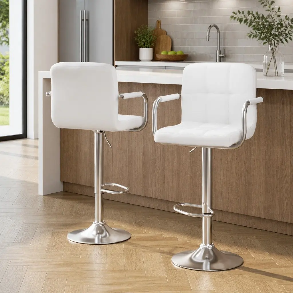 Bar Stools Swivel Adjustable Height Armrest White 2 Pack