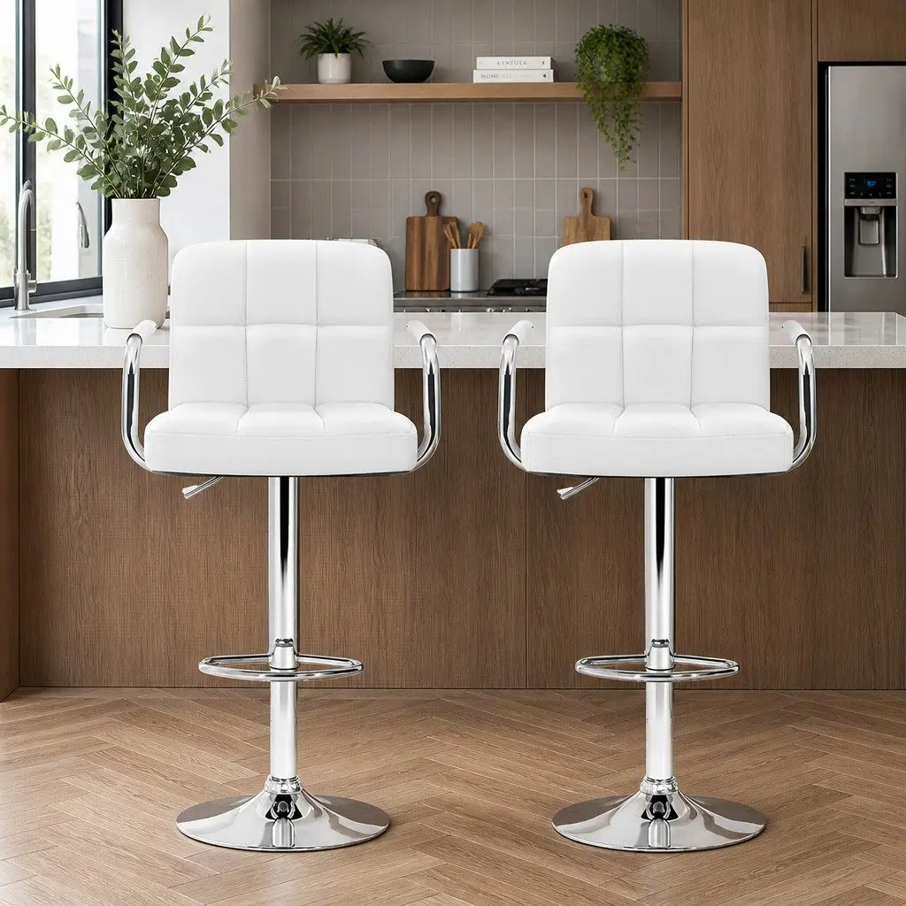 Bar Stools Swivel Adjustable Height Armrest White 2 Pack
