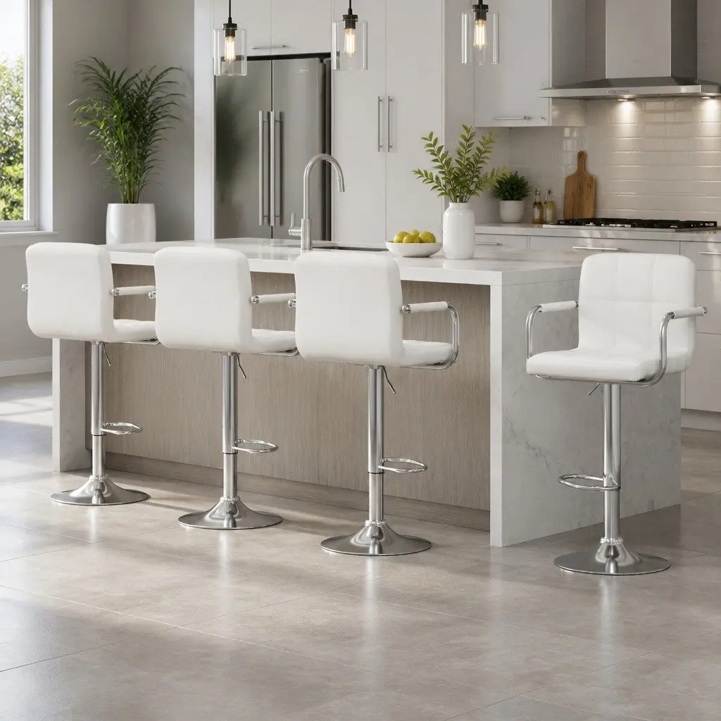 Bar Stools Gas Lift Swivel Armrest White Padded Seat 4 Piece