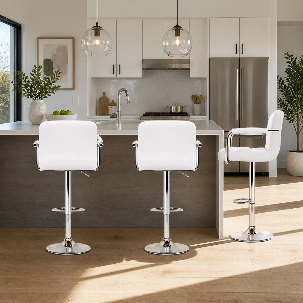 Bar Stools Gas Lift Swivel Armrest White Padded Seat 4 Piece