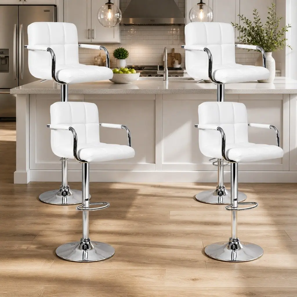 Bar Stools Gas Lift Swivel Armrest White Padded Seat 4 Piece