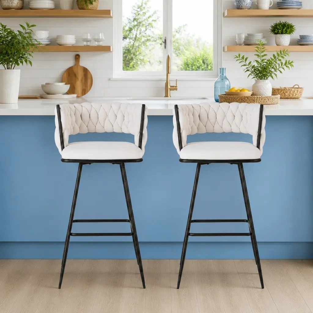 Bar Stools Velvet Cushioned Back Set of 2 75cm Seat Height Beige
