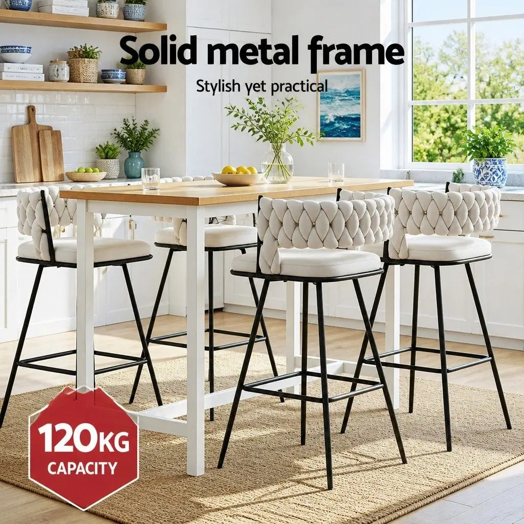 Bar Stools Velvet Cushioned Back Set of 2 75cm Seat Height Beige