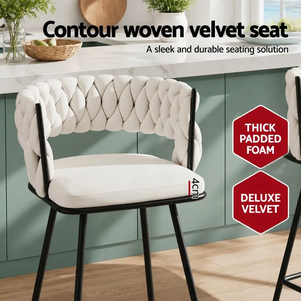 Bar Stools Velvet Cushioned Back Set of 2 75cm Seat Height Beige