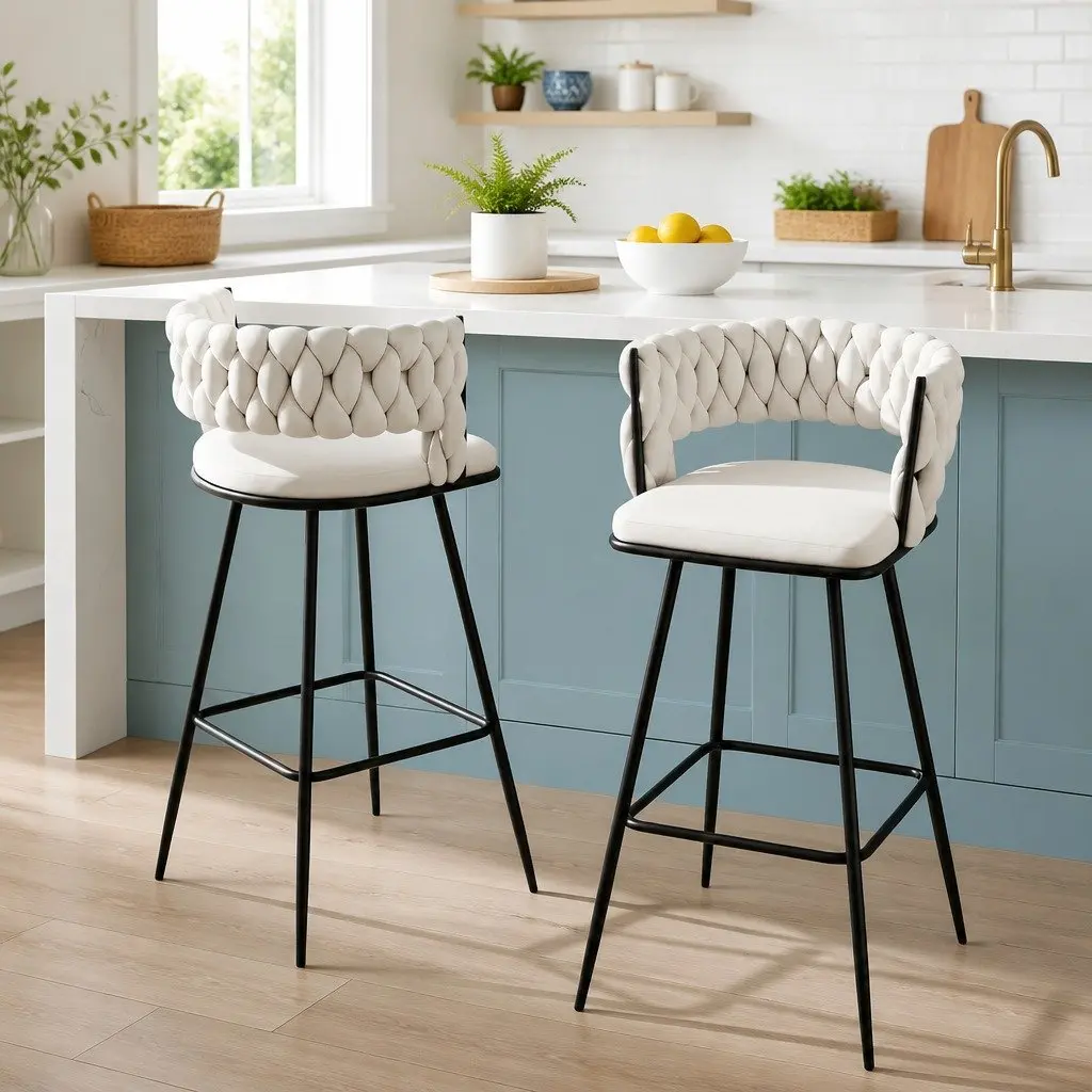 Bar Stools Velvet Cushioned Back Set of 2 75cm Seat Height Beige