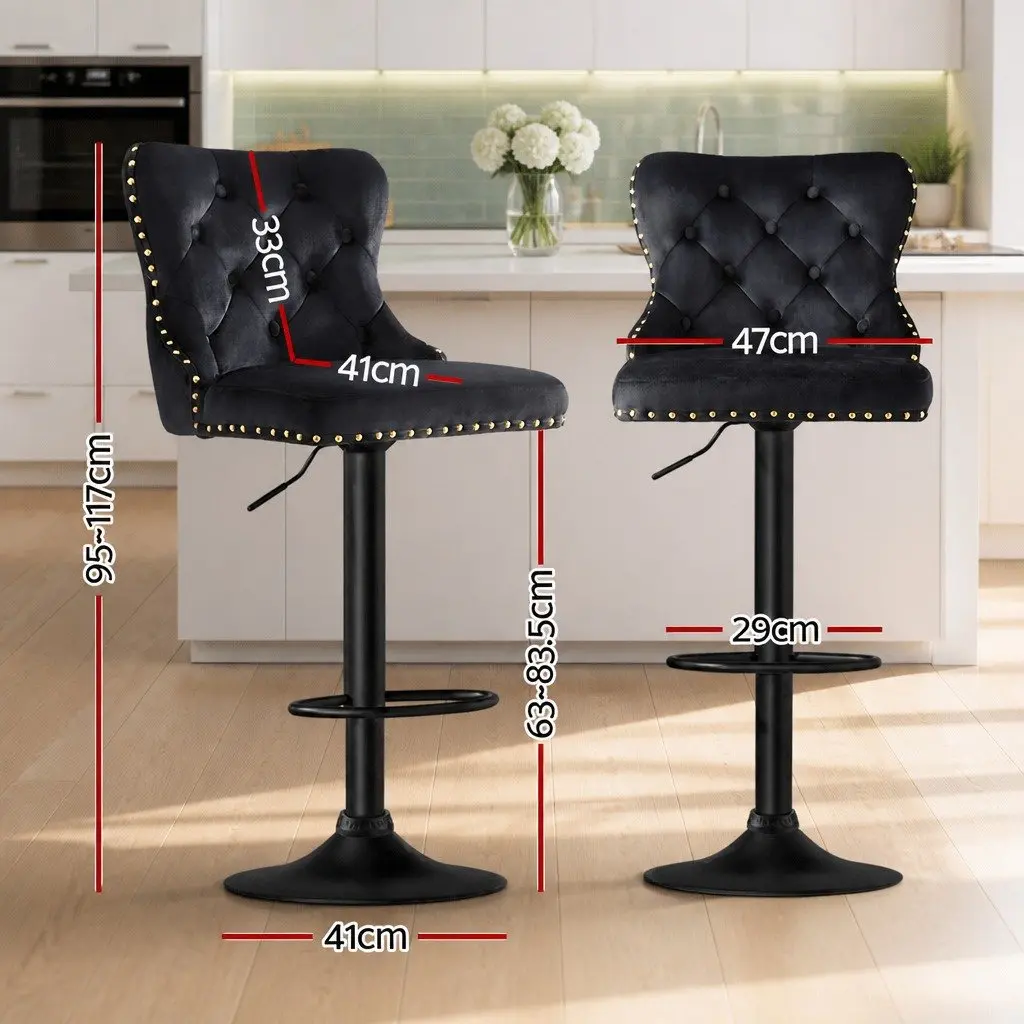 Adjustable Height Bar Stool Velvet Padded Set of 2 Black with Nailhead Detail