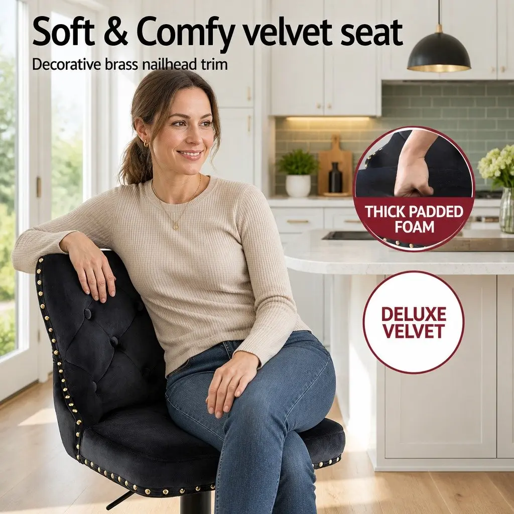 Adjustable Height Bar Stool Velvet Padded Set of 2 Black with Nailhead Detail