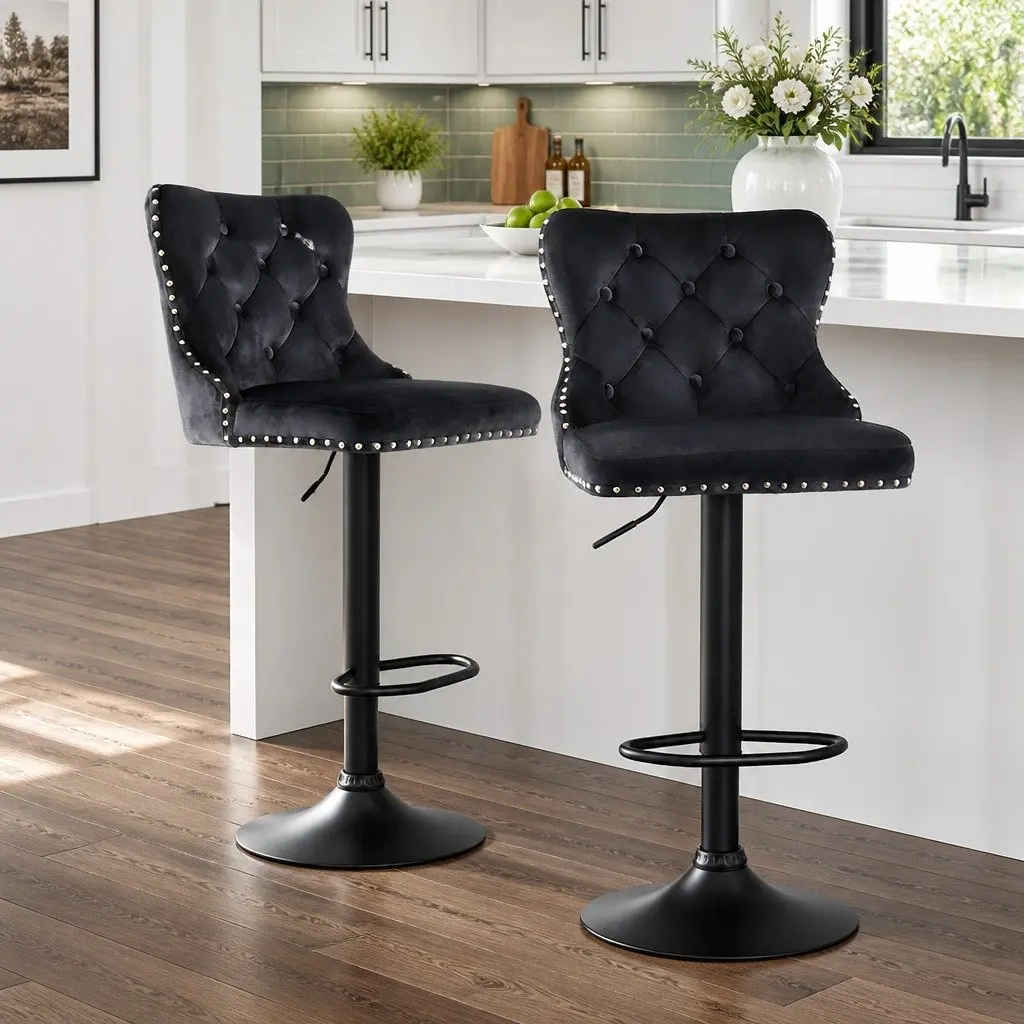 Adjustable Height Bar Stool Velvet Padded Set of 2 Black with Nailhead Detail