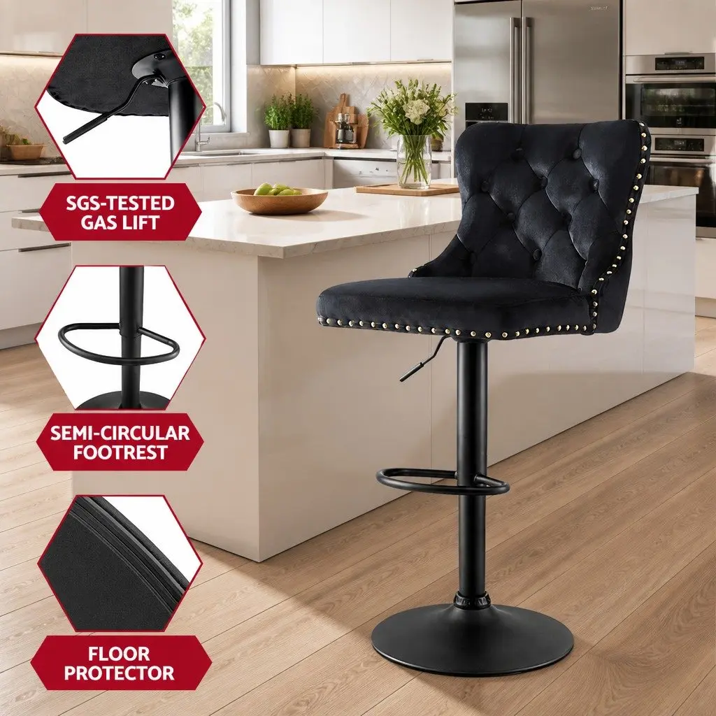 Bar Stools Adjustable Height Velvet Nailhead Trim Set of 4 Black