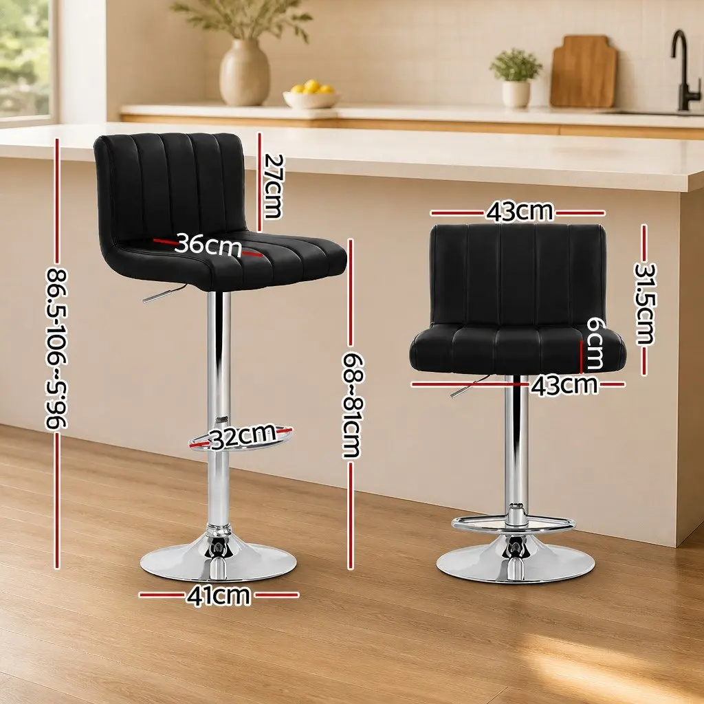 Bar Stools Gas Lift Chairs Set of 2 Black Faux Leather Swivel Seat High Backrest