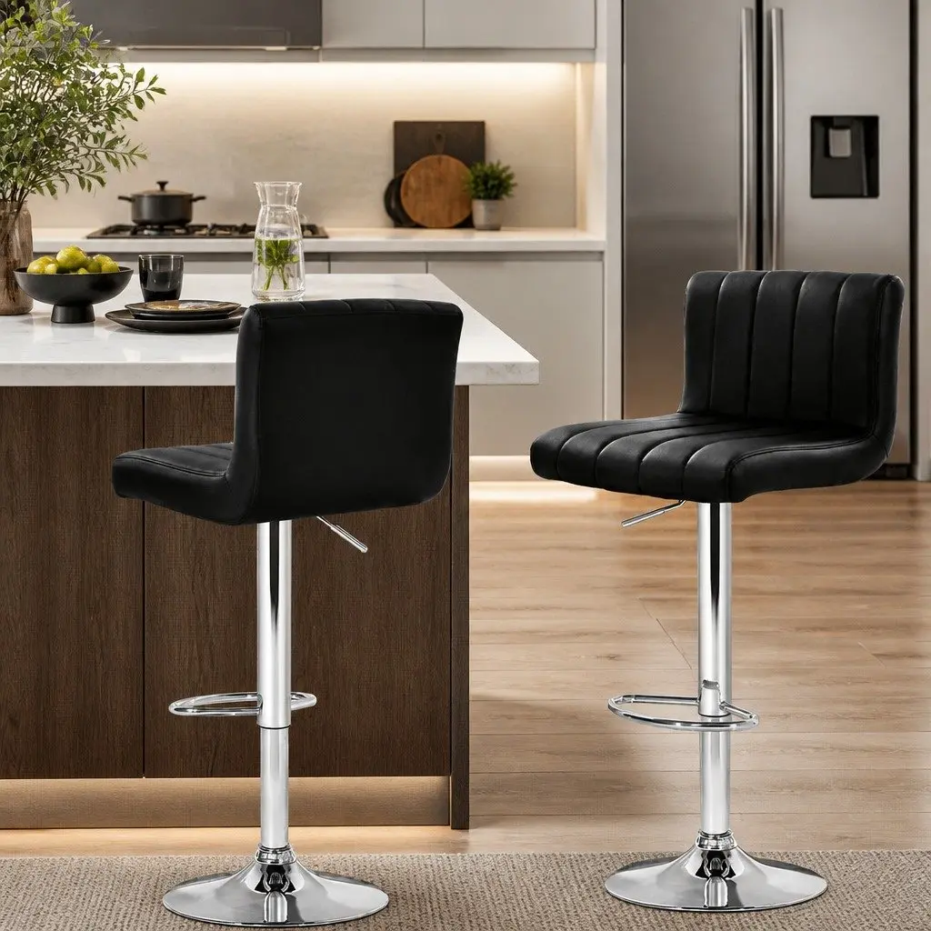 Bar Stools Gas Lift Chairs Set of 2 Black Faux Leather Swivel Seat High Backrest