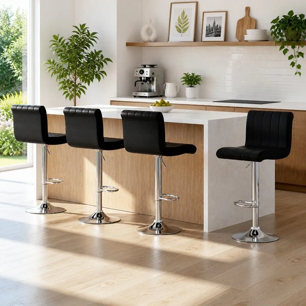 Bar Stools Set of 4 Gas Lift Swivel Seat Black PU Leather High Backrest Chrome