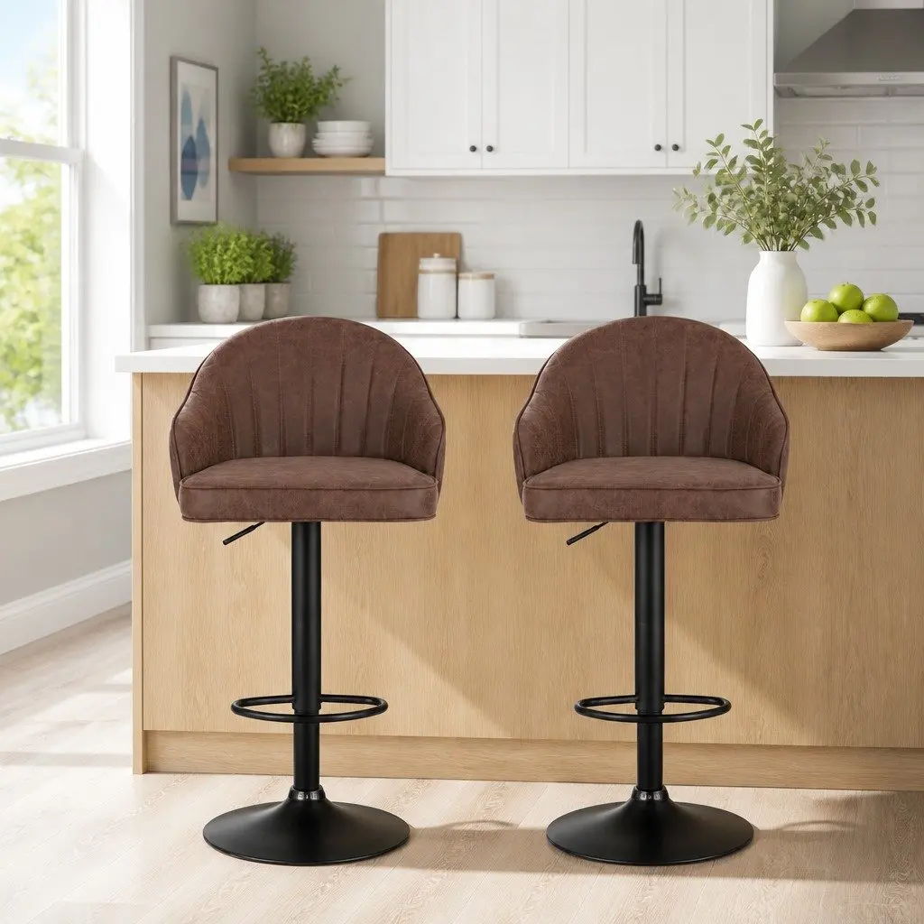 Bar Stools Set of 2 Swivel Gas Lift Counter Chairs Adjustable Height Brown