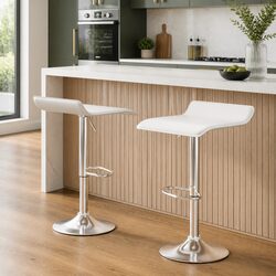 Bar Stools x2 White PU Leather Swivel Chair Adjustable Height Kitchen Counter