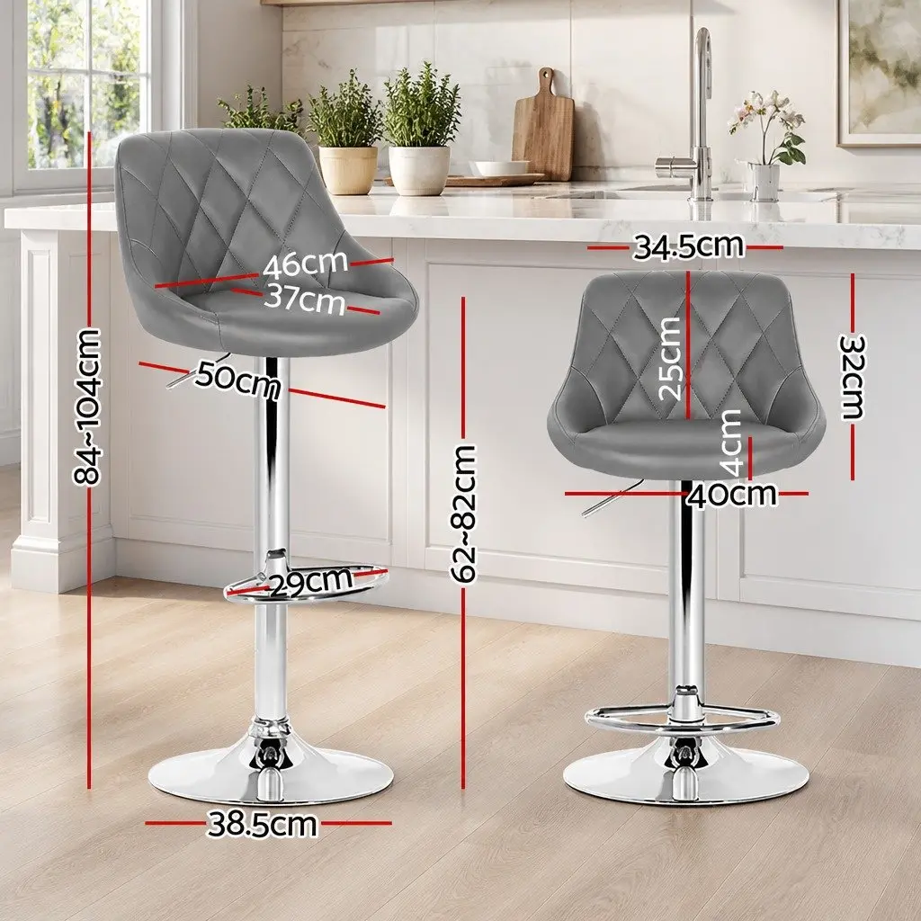 Bar Stools Grey Padded Gas Lift Swivel Seat Chrome Base 2 Piece