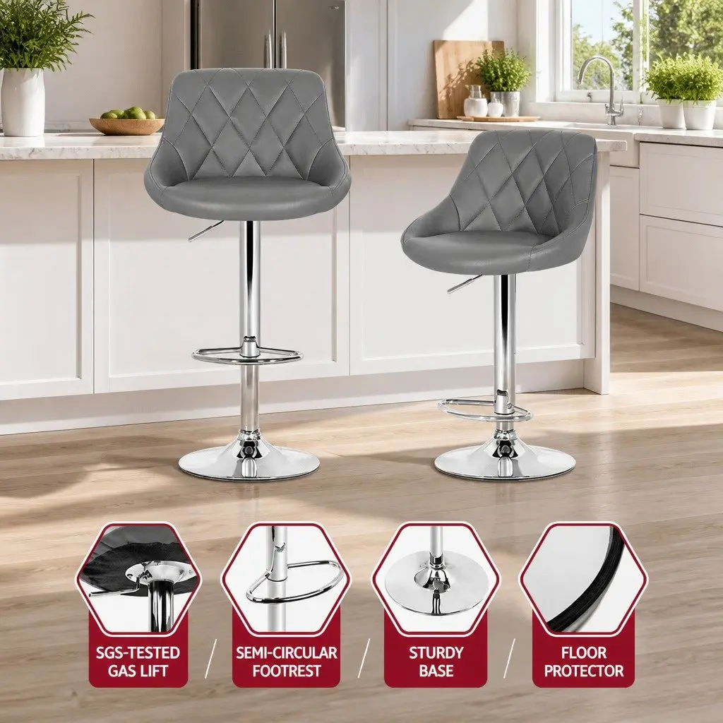 Bar Stools Grey Padded Gas Lift Swivel Seat Chrome Base 2 Piece
