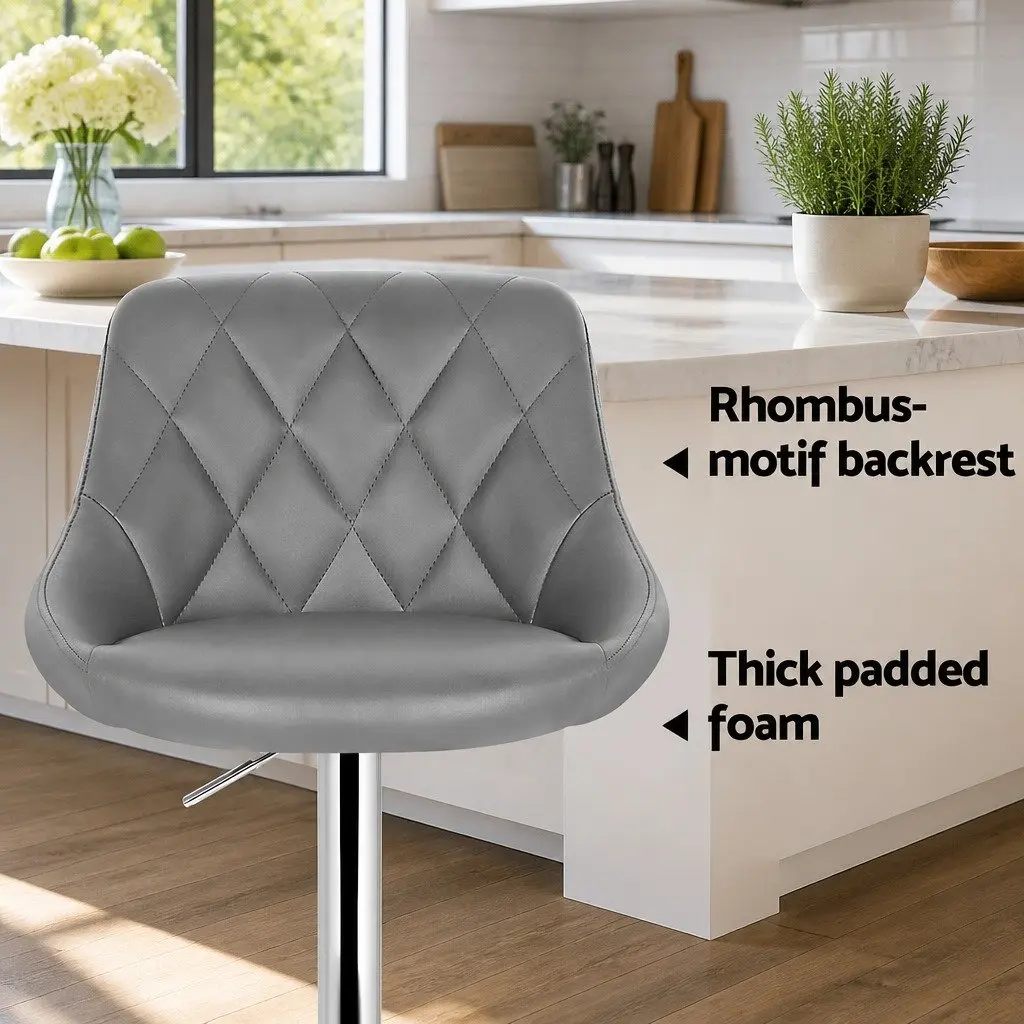 Bar Stools Grey Padded Gas Lift Swivel Seat Chrome Base 2 Piece