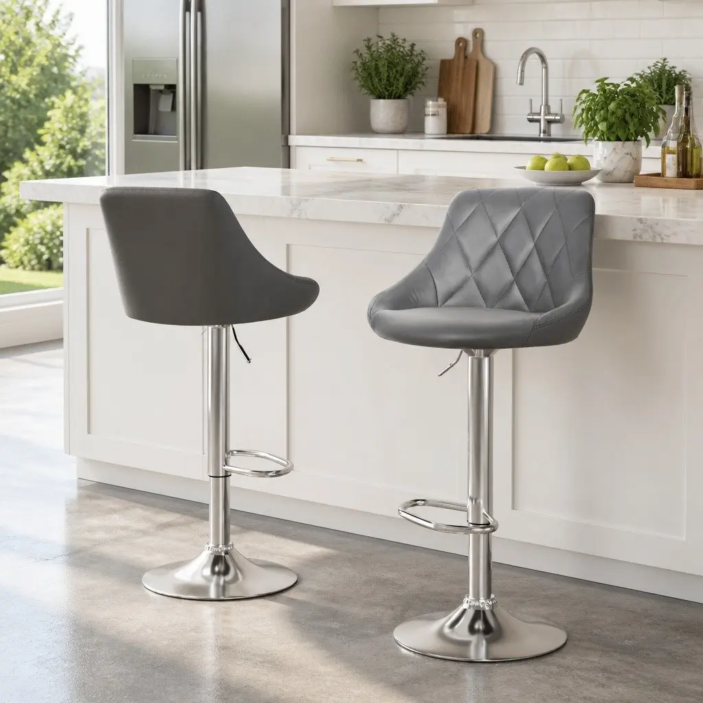 Bar Stools Grey Padded Gas Lift Swivel Seat Chrome Base 2 Piece