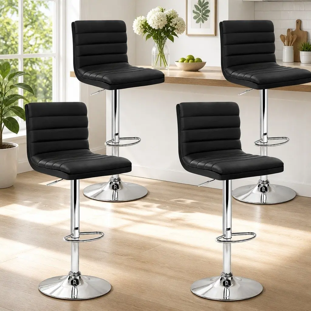 4 Piece Adjustable Height Black Bar Stools with Padded Seat Swivel Function for Kitchen and Dining