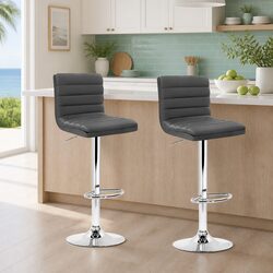 Bar Stools Padded Faux Leather Gas Lift Grey Swivel Chair Set of 2