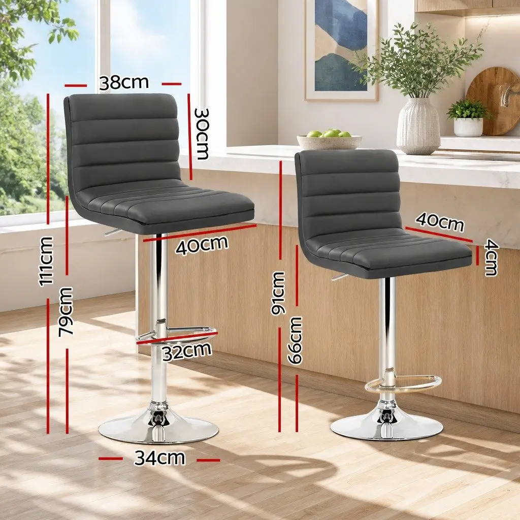 Adjustable Height Bar Stools Grey PU Leather Padded Seat Chrome Base Set of 4