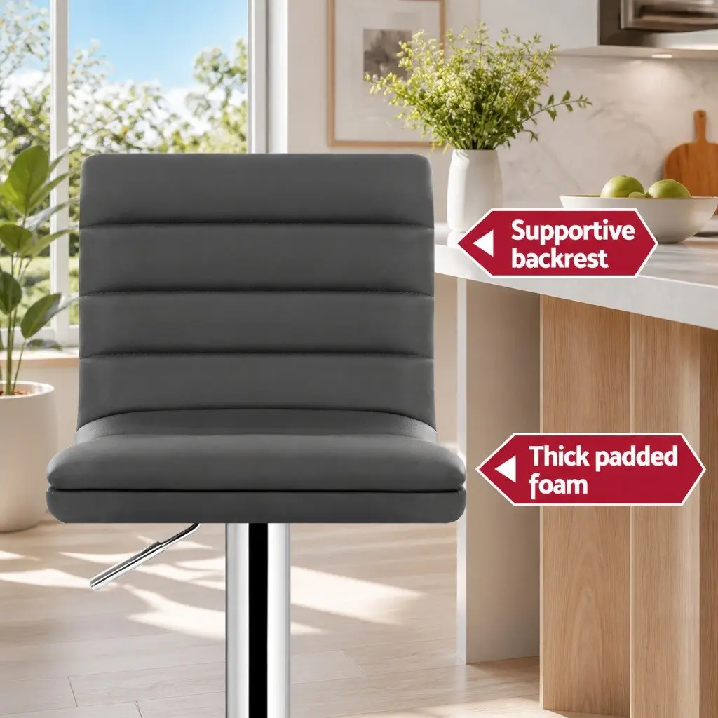 Adjustable Height Bar Stools Grey PU Leather Padded Seat Chrome Base Set of 4