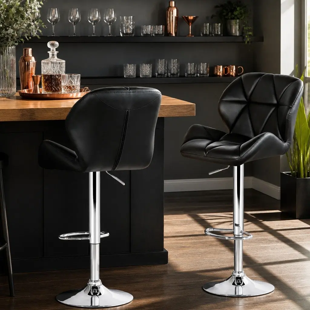 Bar Stools Gas Lift Padded Faux Leather 360 Swivel Adjustable Height Chrome Base Black