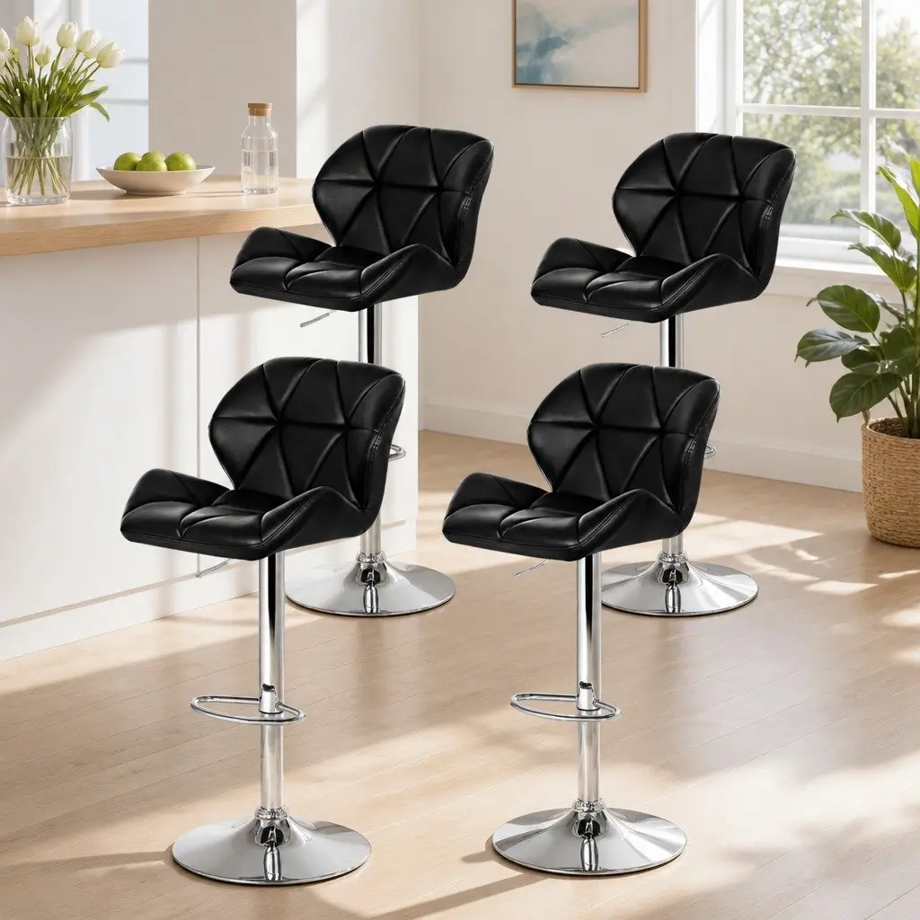 Padded Black Bar Stools Set of 4 Adjustable Height Swivel Seat Gas Lift