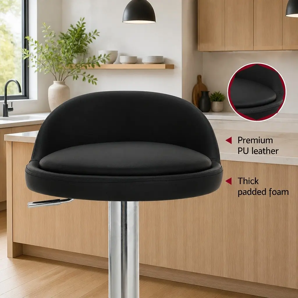 Bar Stools Adjustable Height PU Leather Swivel Chair Black 2 Piece