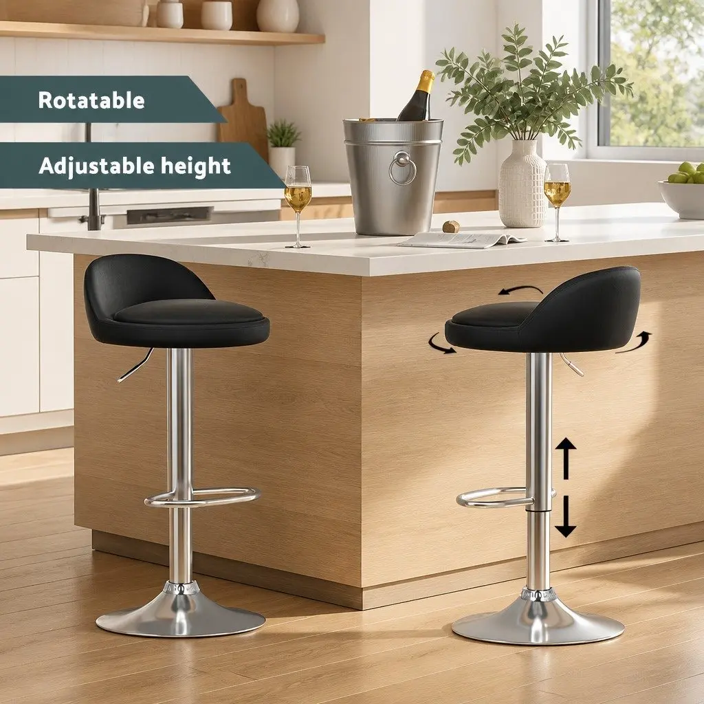 Bar Stools Adjustable Height PU Leather Swivel Chair Black 2 Piece