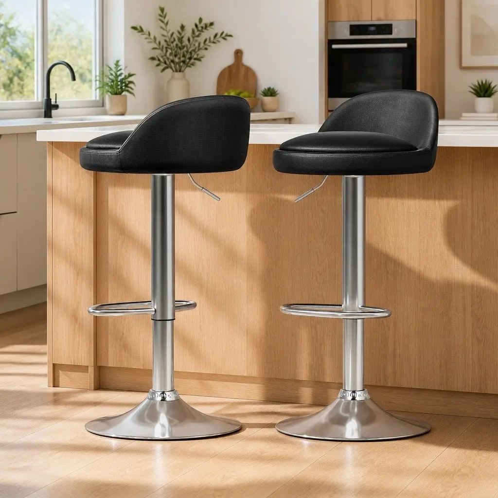 Bar Stools Adjustable Height PU Leather Swivel Chair Black 2 Piece