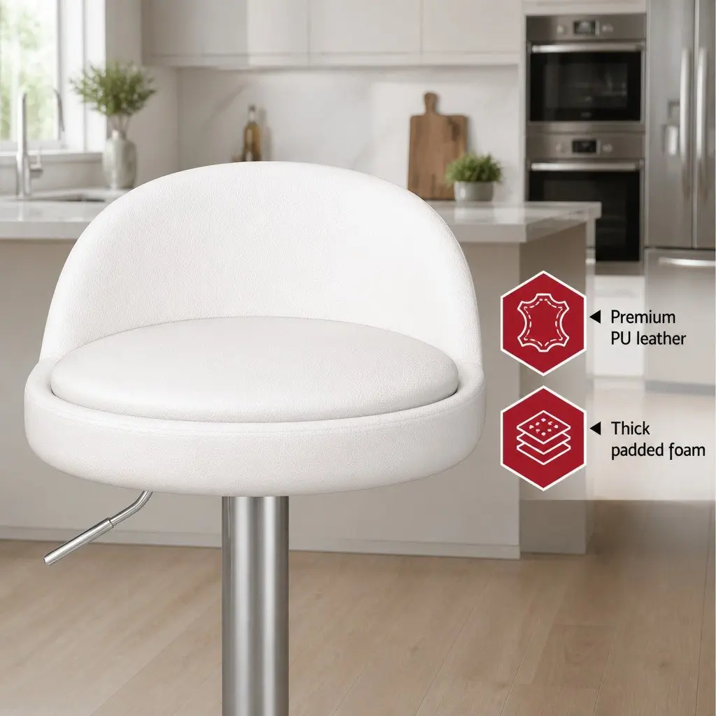 Bar Stools White PU Leather Gas Lift Swivel Adjustable Height Kitchen Counter