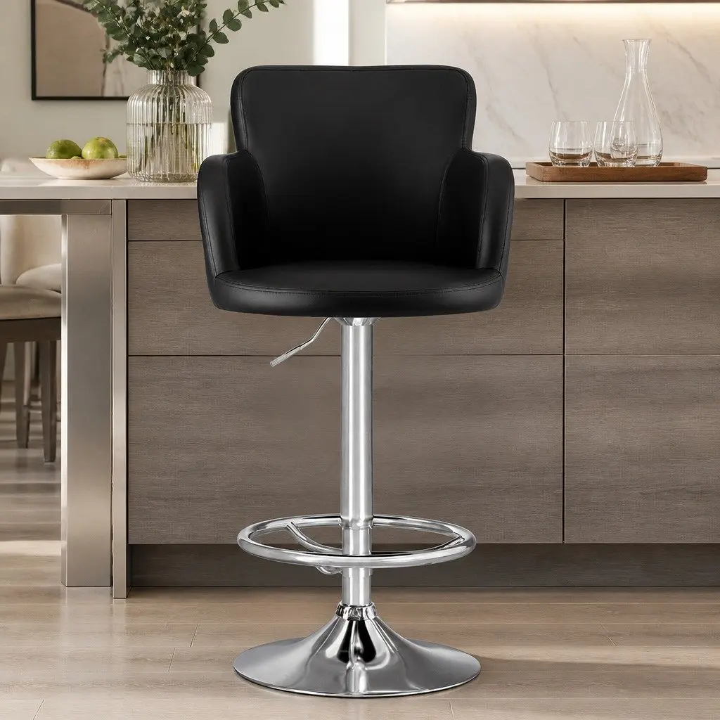 Bar Stool Swivel Adjustable Height PU Leather Black
