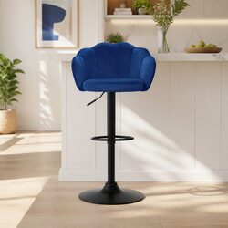 Bar Stools Set of 4 Gas Lift Velvet Blue Clam Shell Design Swivel Kitchen