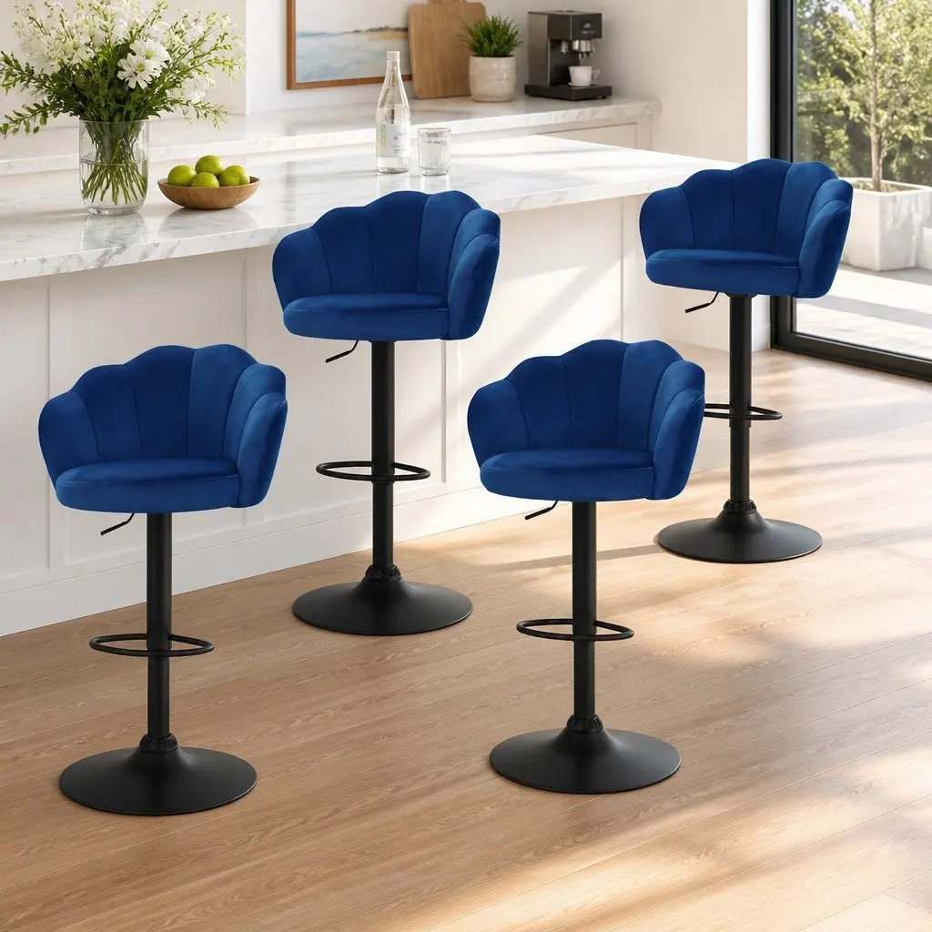 Bar Stools Set of 4 Gas Lift Velvet Blue Clam Shell Design Swivel Kitchen
