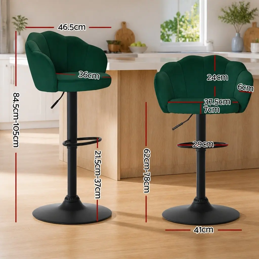 Bar Stools Set of 2 Gas Lift Velvet Green Swivel Chair Adjustable Height