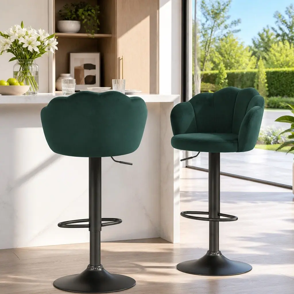 Bar Stools Set of 4 Gas Lift Swivel Clam Shell Design Green Velvet Seats