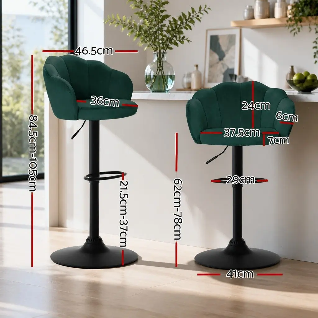Bar Stools Set of 4 Gas Lift Swivel Clam Shell Design Green Velvet Seats