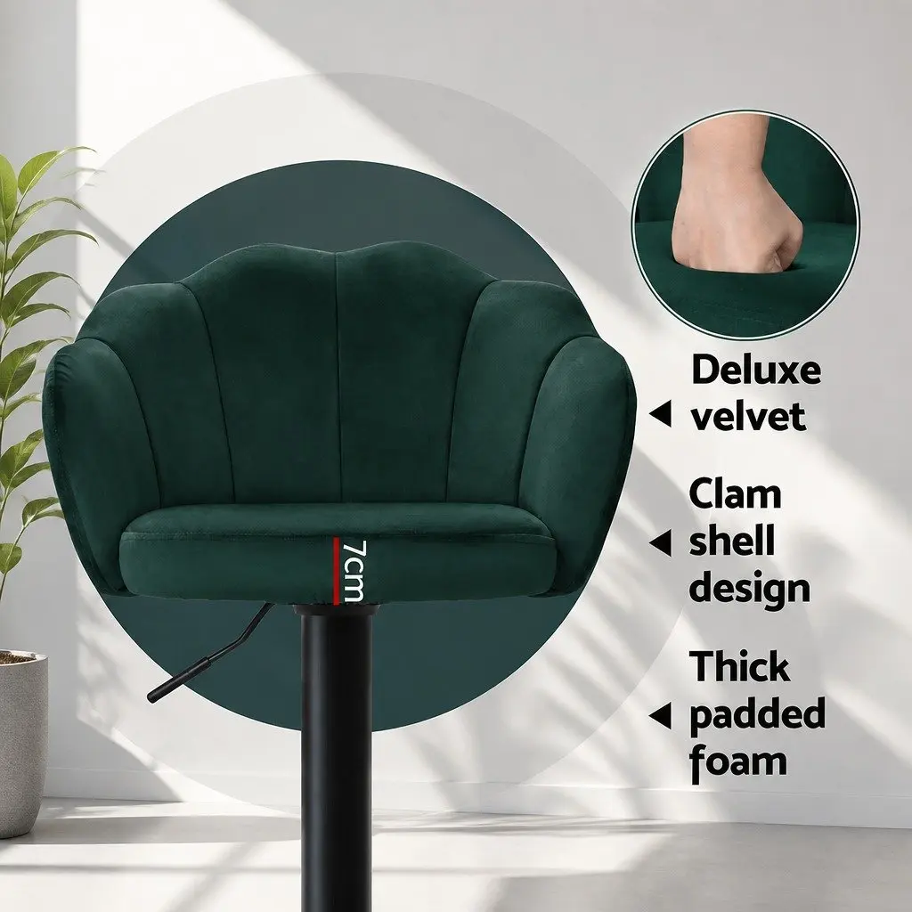 Bar Stools Set of 4 Gas Lift Swivel Clam Shell Design Green Velvet Seats