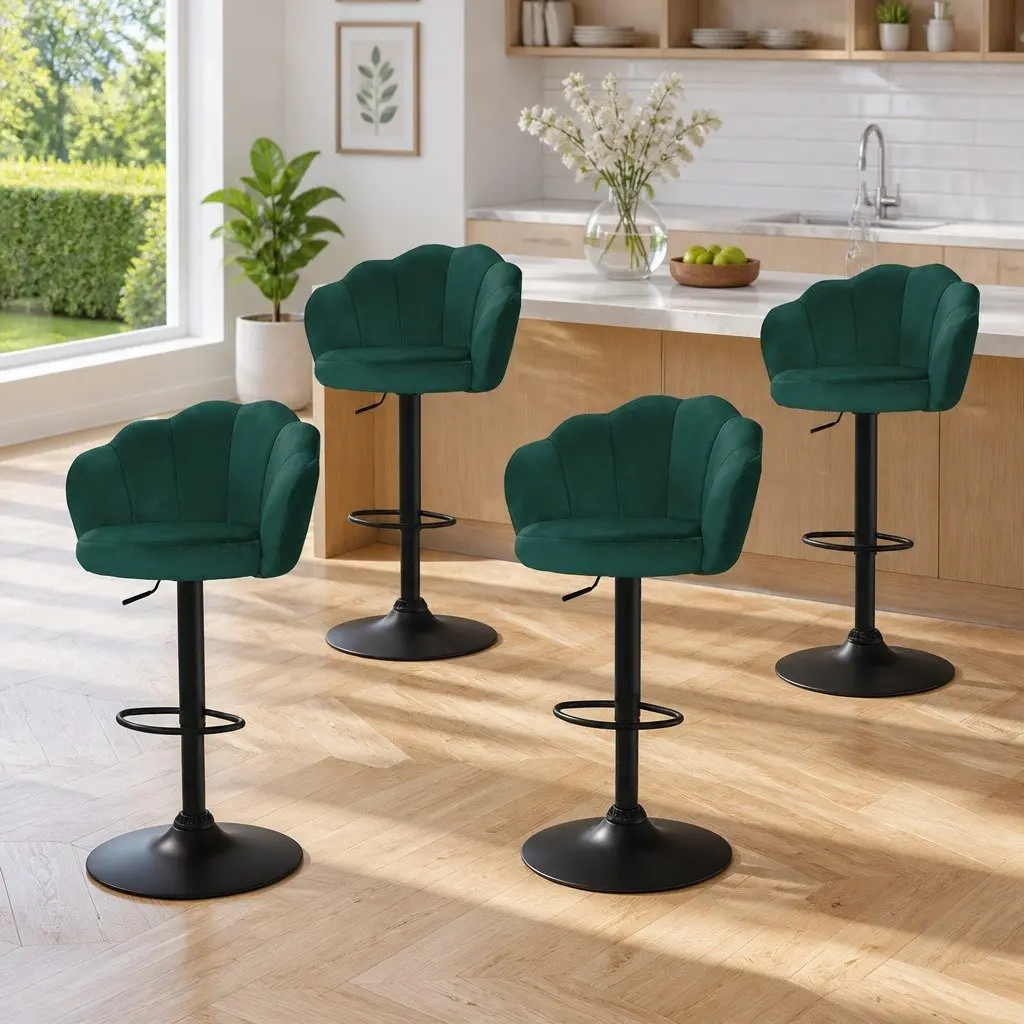 Bar Stools Set of 4 Gas Lift Swivel Clam Shell Design Green Velvet Seats