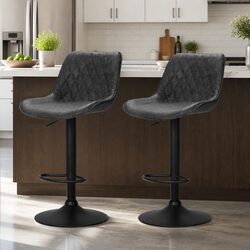 Bar Stools Gas Lift Swivel Adjustable Height Leather Seat Set of 2 Black