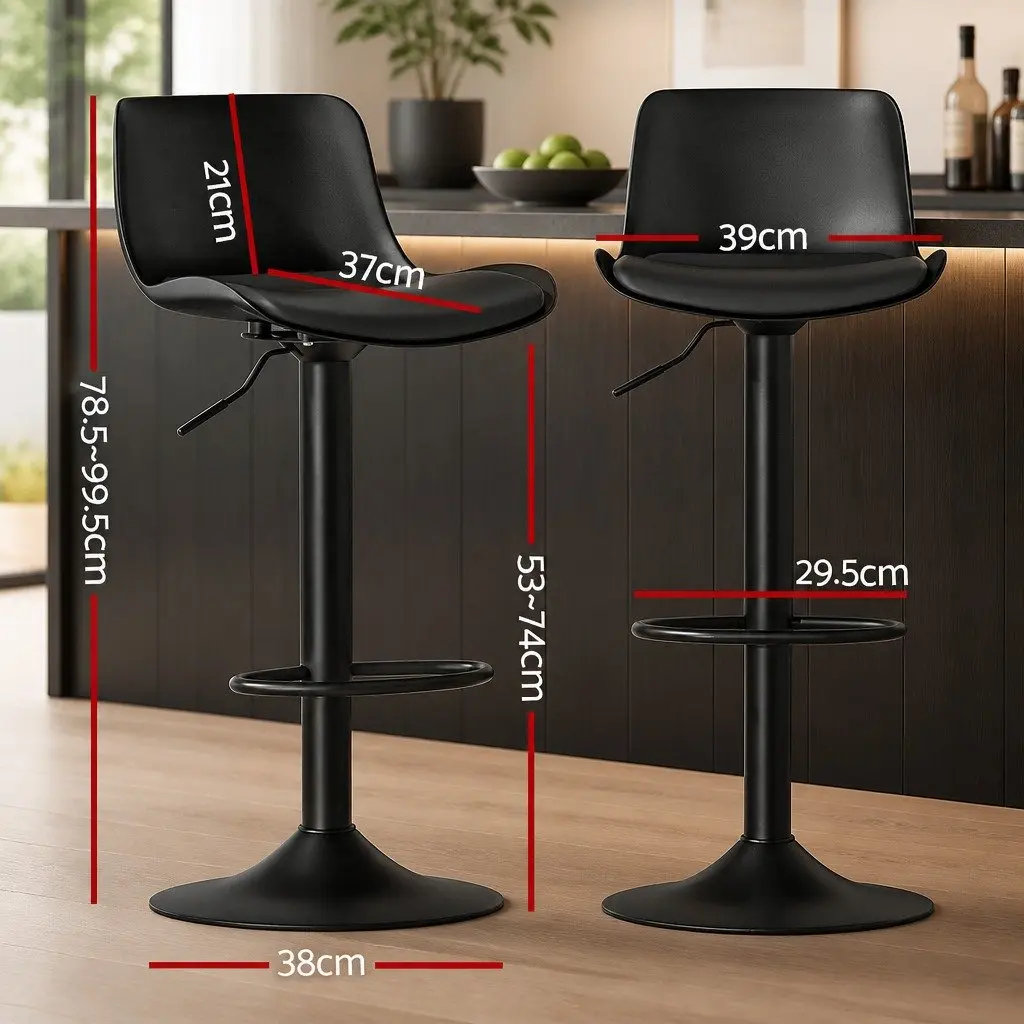 Swivel Chair Set of 2 Black Padded Seat Adjustable Height Bar Stools